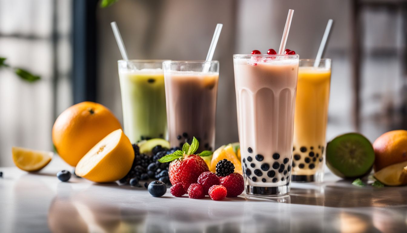 A clear glass of bubble tea surrounded by colorful ingredients.