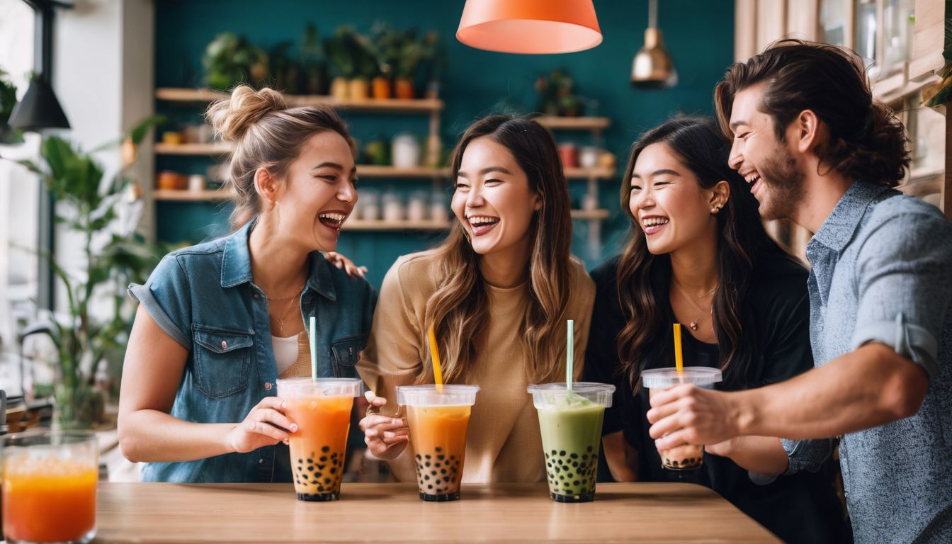 A group of friends laughing and making bubble tea together in a vibrant kitchen.