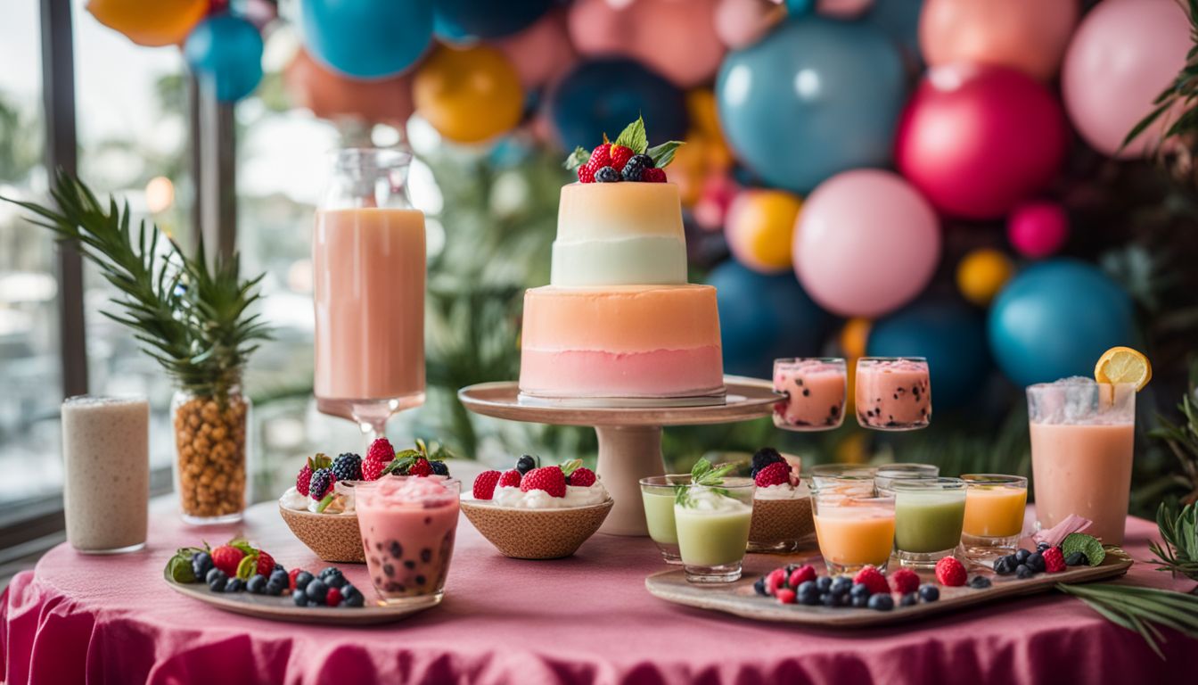 A stylish dessert table with vibrant <a href=