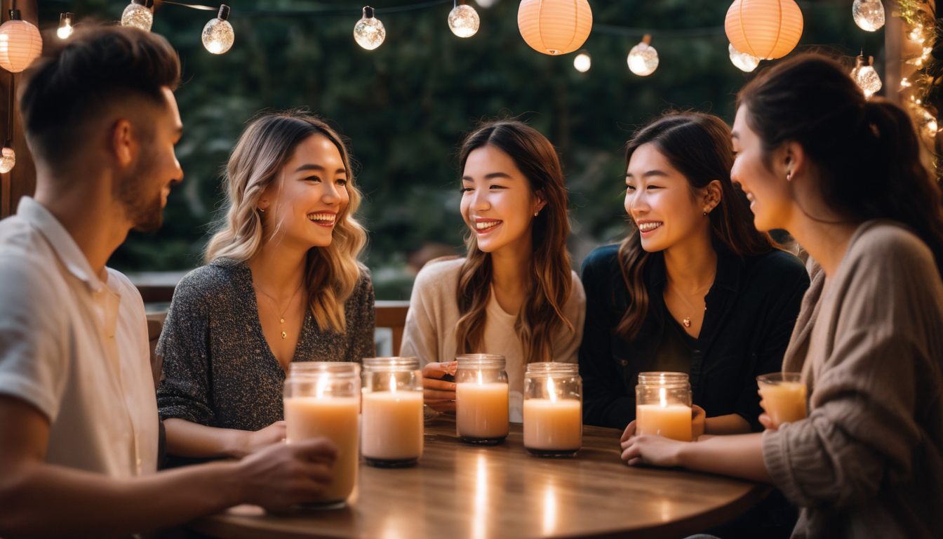 A group of friends enjoying bubble tea-scented candles at a cozy boba party.