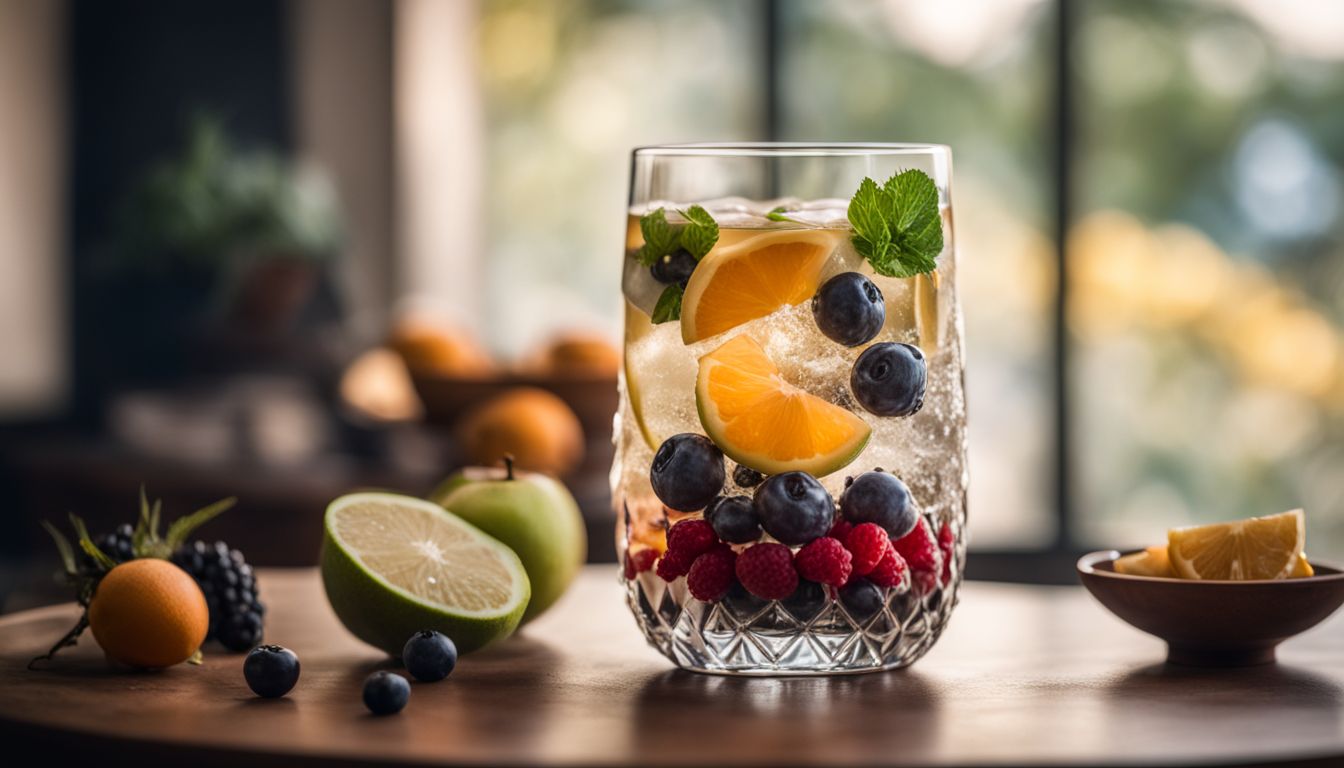 A glass of crystal boba surrounded by fresh fruits and ingredients.