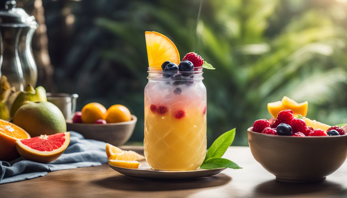 A refreshing cup of crystal boba surrounded by colorful tropical fruits.