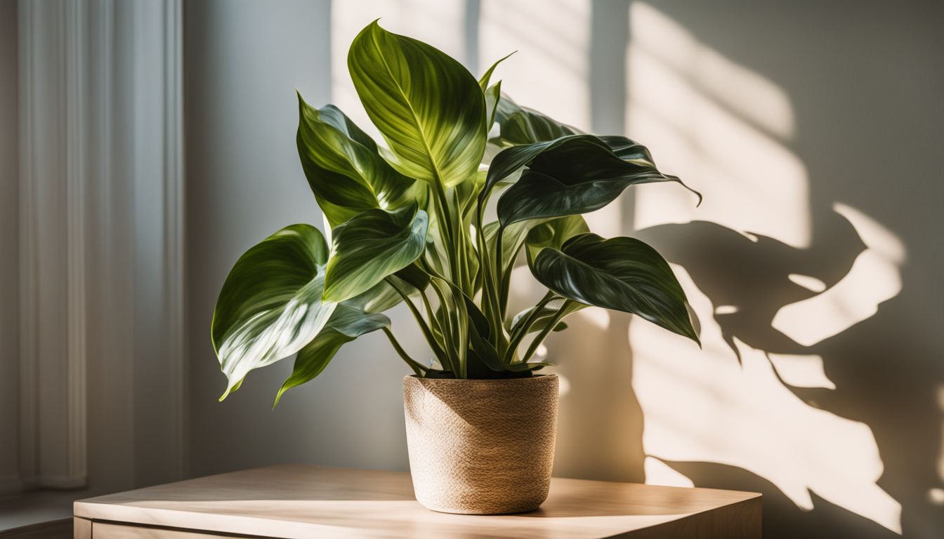 A philodendron birkin plant in a well-lit room with fading variegation.