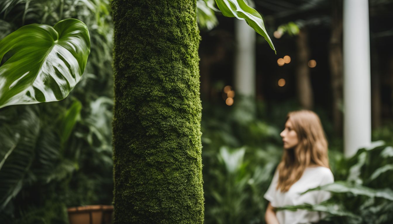A lush moss pole surrounded by healthy philodendron birkin plants.