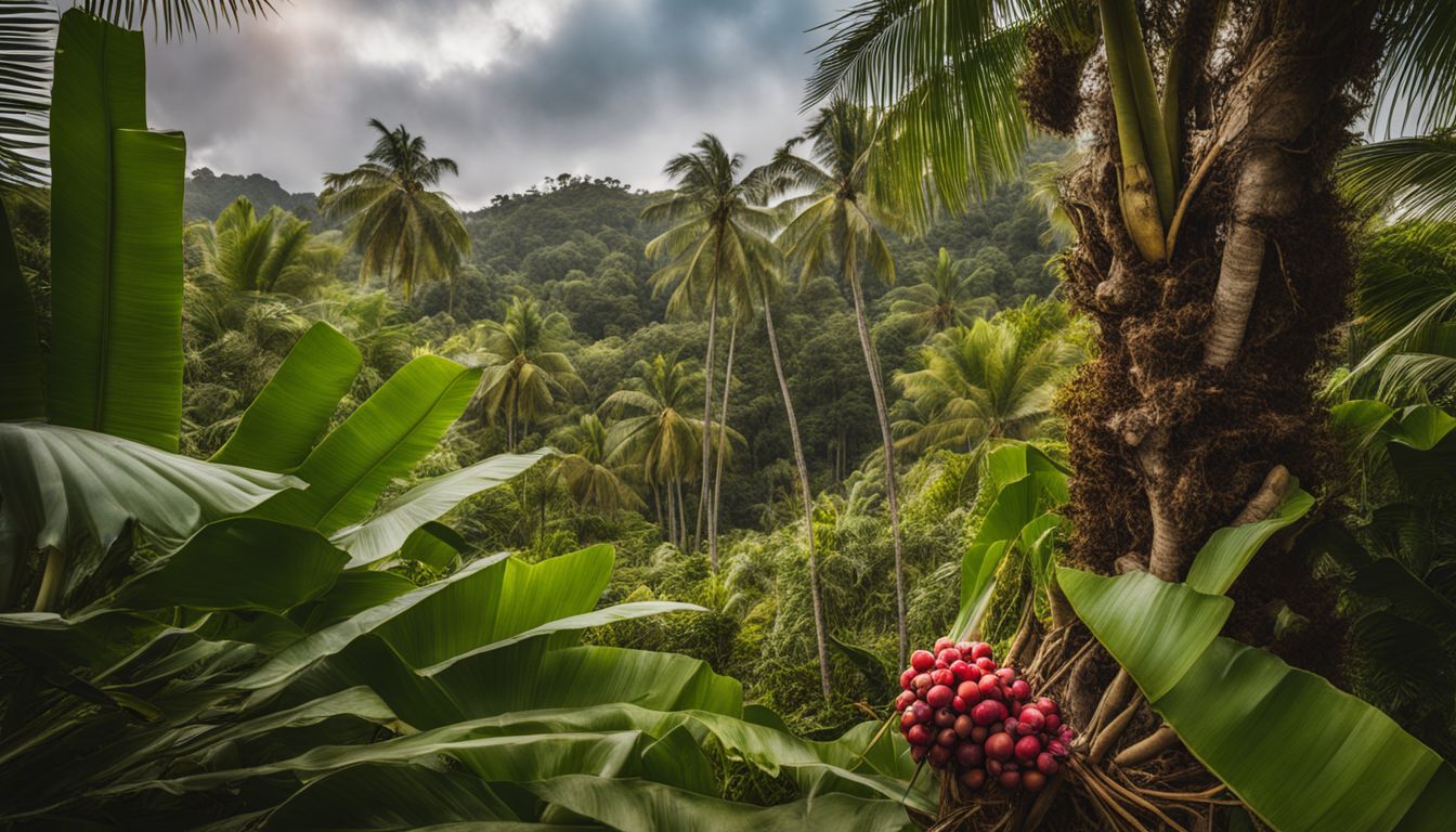 A tropical garden with coconut trees, ripe fruits, and taro plants.