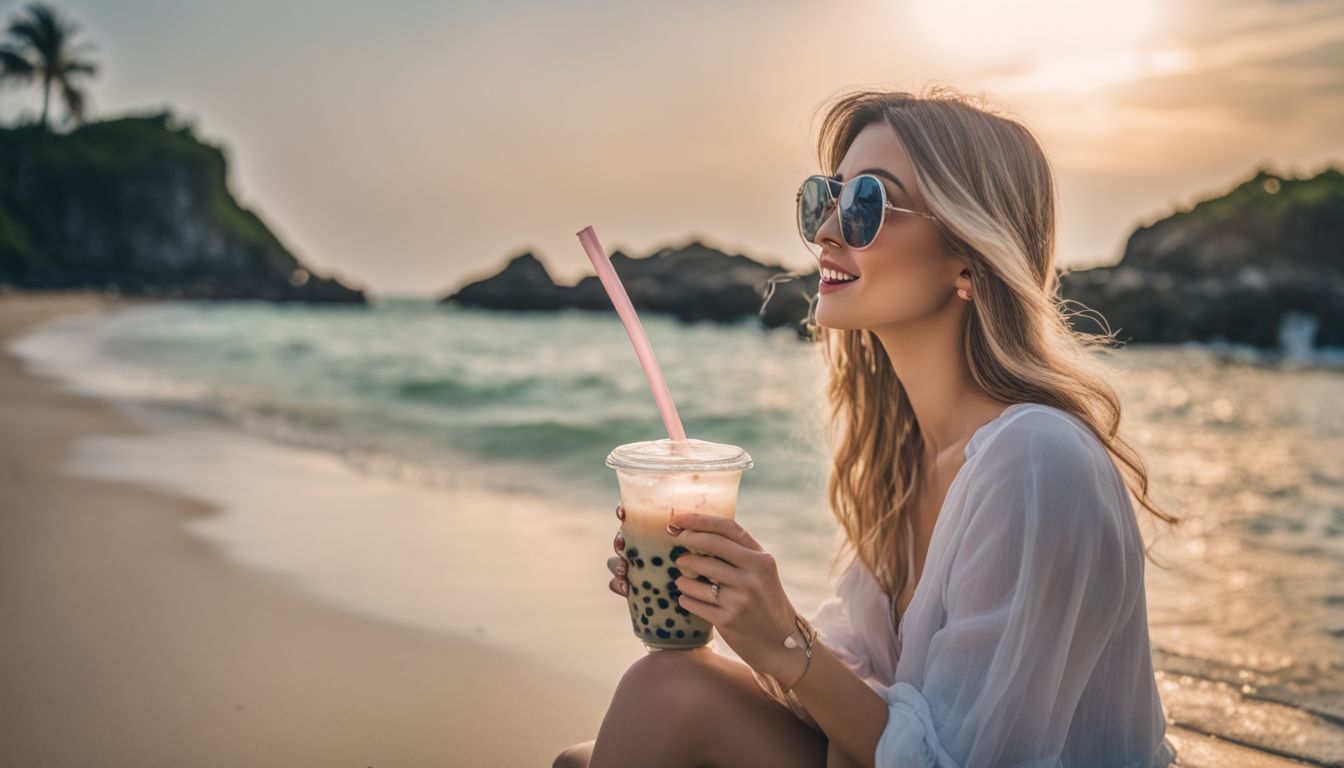 A coconut milk bubble tea with crystal boba on a tropical beach.