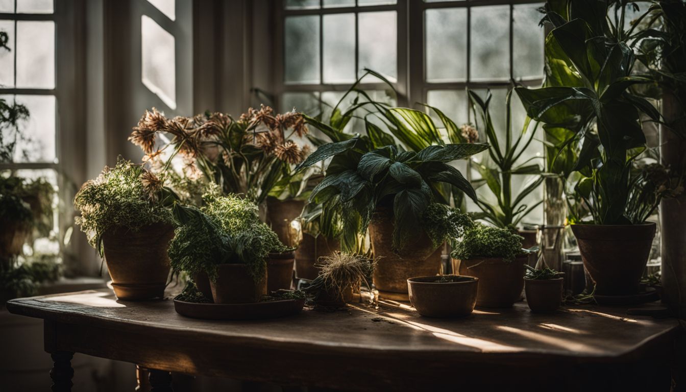 A photo of wilting houseplants in a dimly lit room.