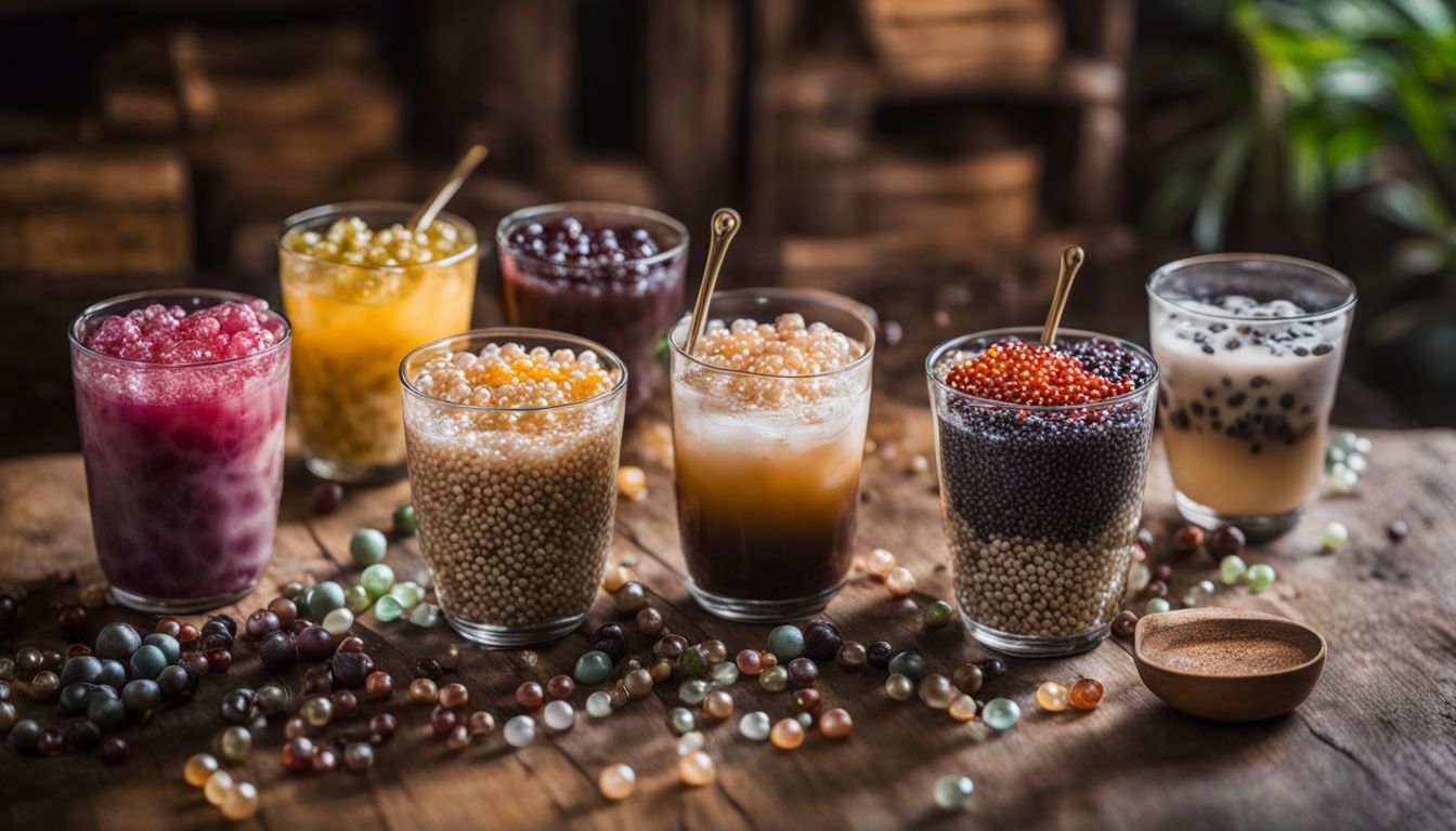 Various types of boba drinks and tapioca pearls displayed on rustic table.