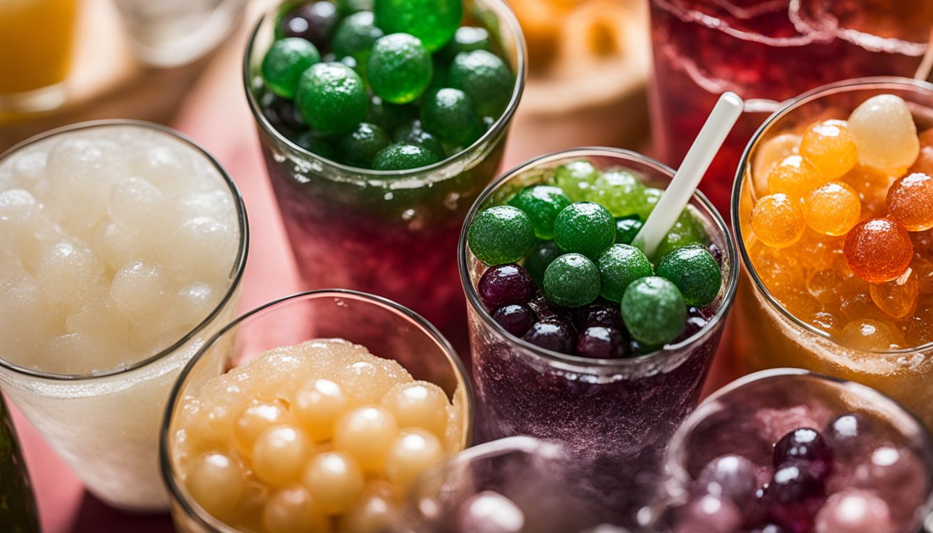Close-up of various crystal boba flavors and tapioca pearls in colorful drinks.