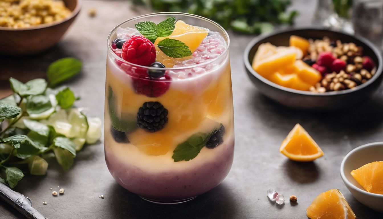 A person holding a cup of homemade crystal boba surrounded by fresh ingredients.