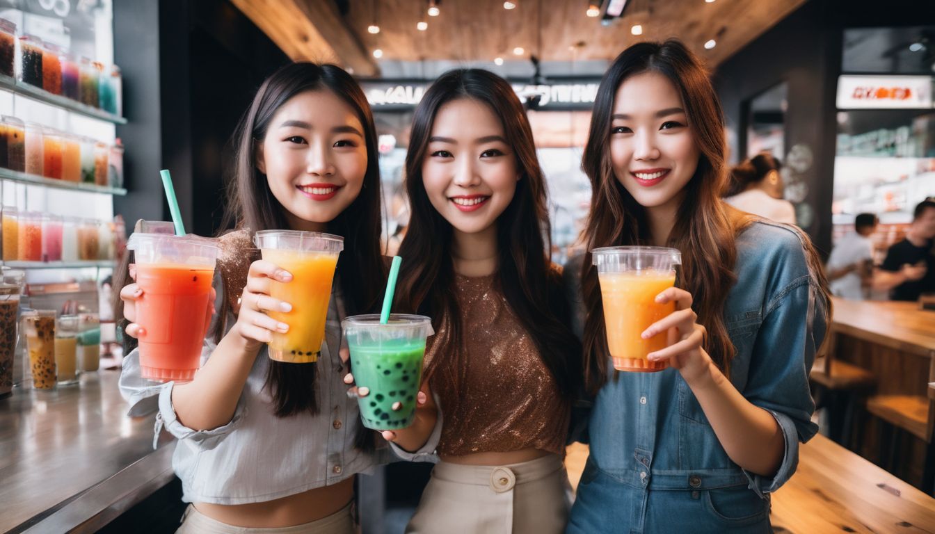 A group of friends enjoying colorful crystal boba drinks at a trendy bubble tea shop.