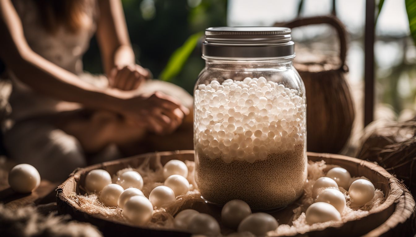 A photo of agar-based tapioca pearls in a glass jar surrounded by coconut shells.