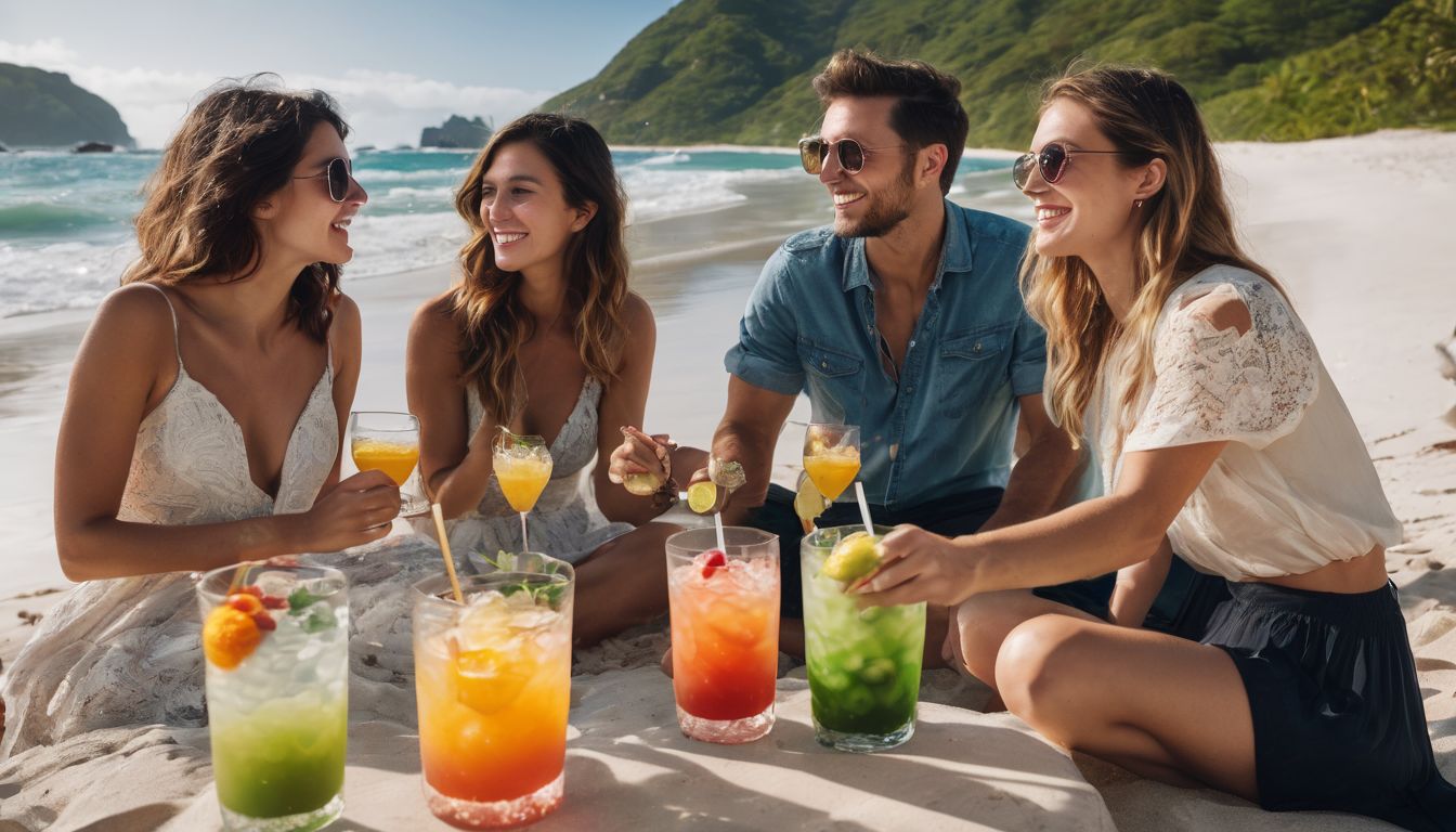 A group of friends enjoy crystal boba drinks by a vibrant beach.