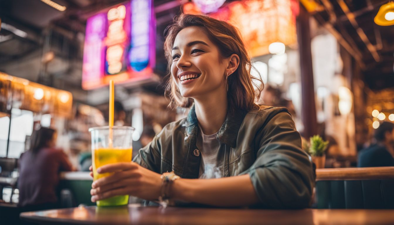 A person enjoying a vegan crystal boba drink in a vibrant café.