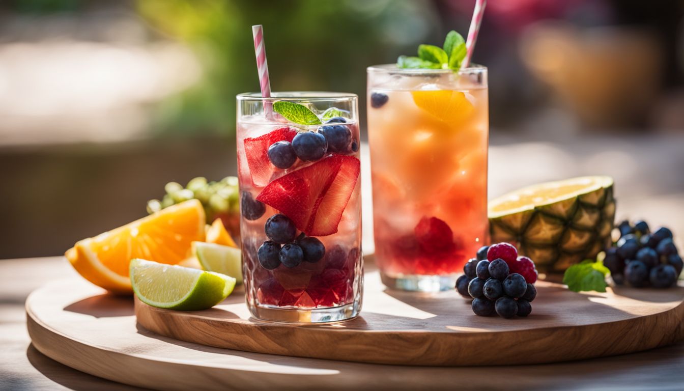 A glass of colorful crystal boba surrounded by fresh fruit slices.