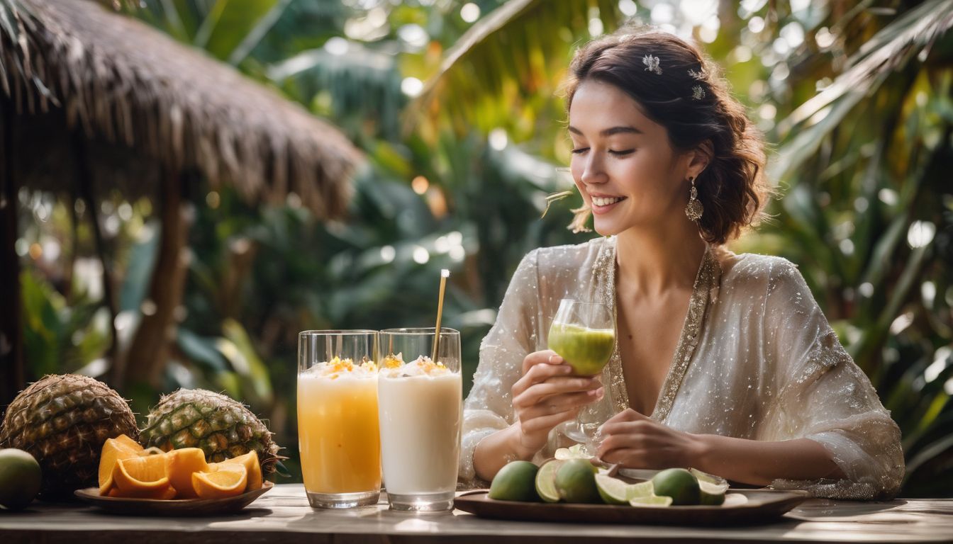 A person serving a glass of crystal boba surrounded by tropical fruits.