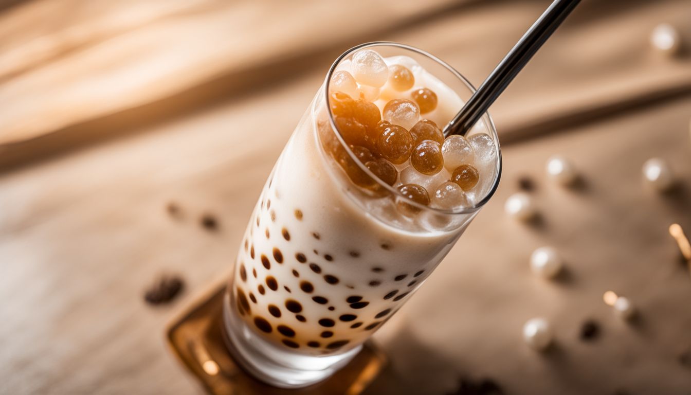 A close-up photo of a refreshing glass of boba tea.