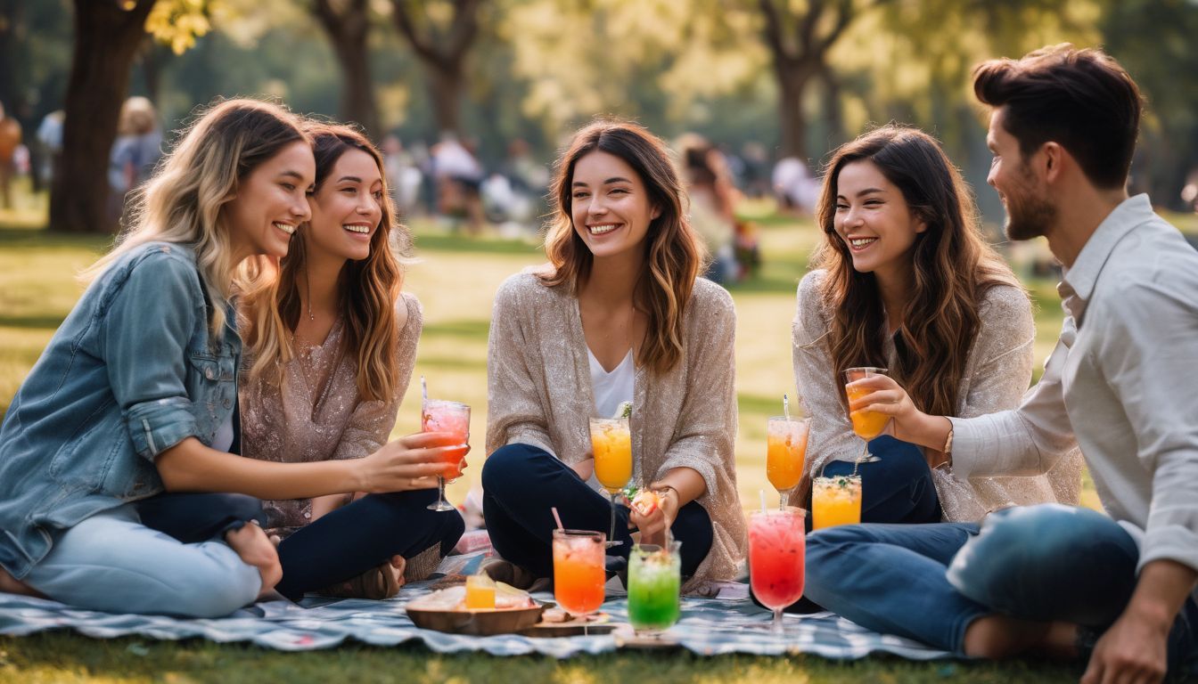 A group of friends enjoying vibrant crystal boba drinks at a picnic.