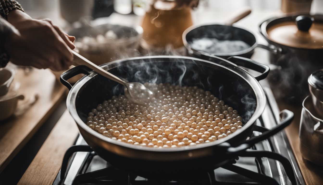 Clear boba pearls cooking in a pot surrounded by cooking utensils.