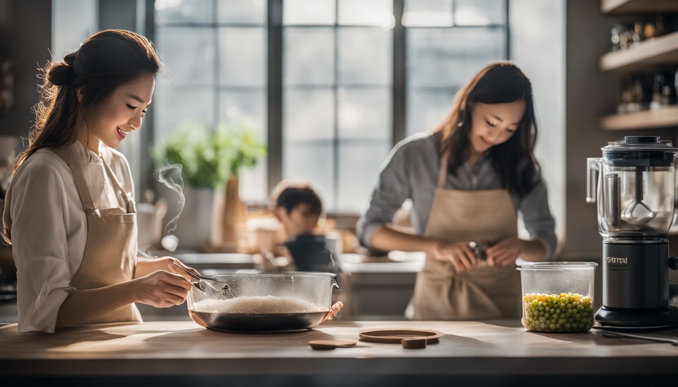 A photo of cooking boba pearls in a modern kitchen with bustling atmosphere.