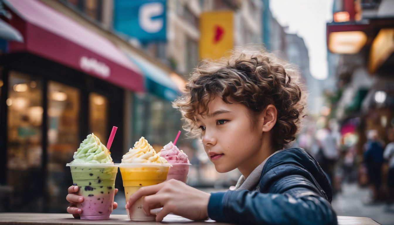 A young person enjoying colorful frozen yogurt with chilled crystal boba.