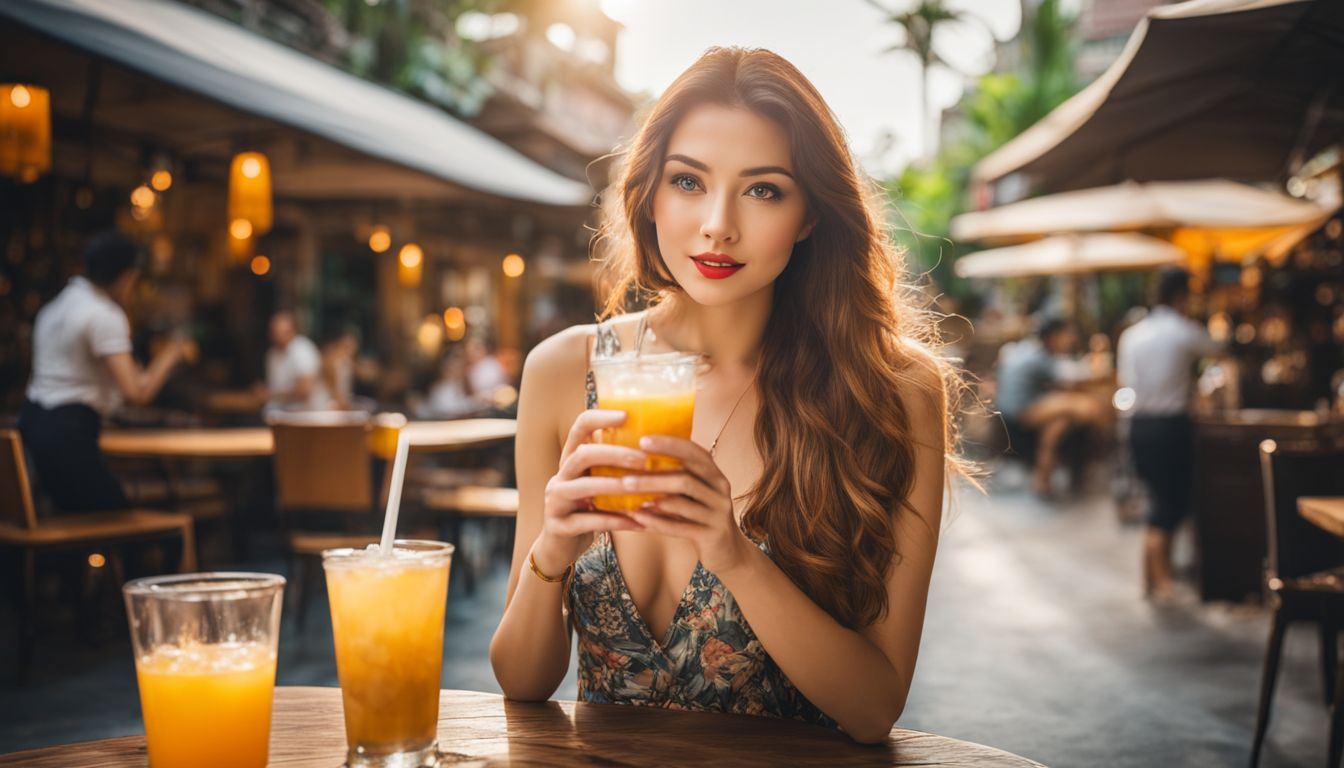 A woman enjoying a mango boba drink in a cozy tropical cafe.
