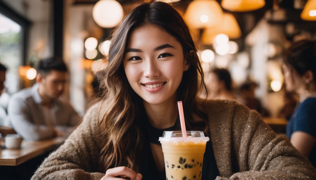 A person enjoying vegan bubble tea in a cozy, bustling cafe.