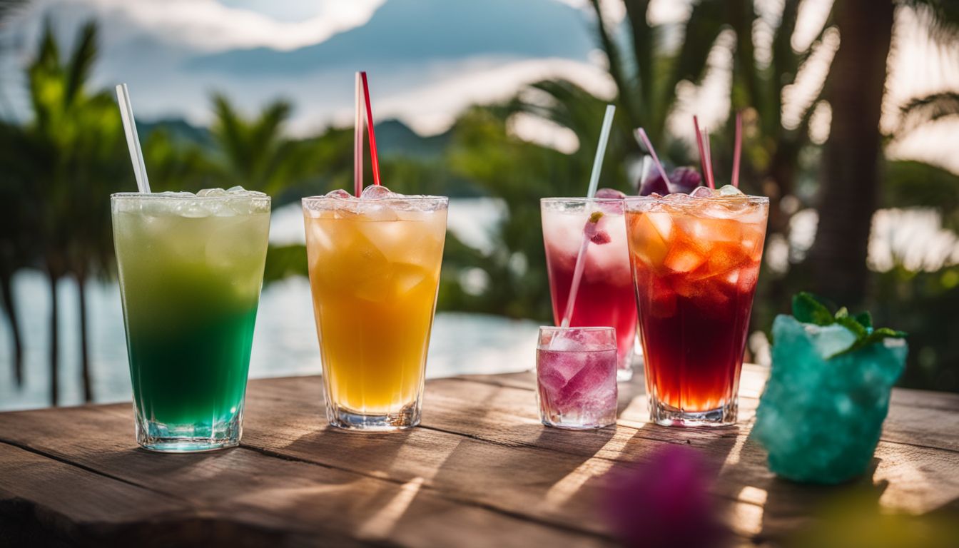 A photo of colorful crystal boba drinks on a vibrant tropical-themed tabletop with people.