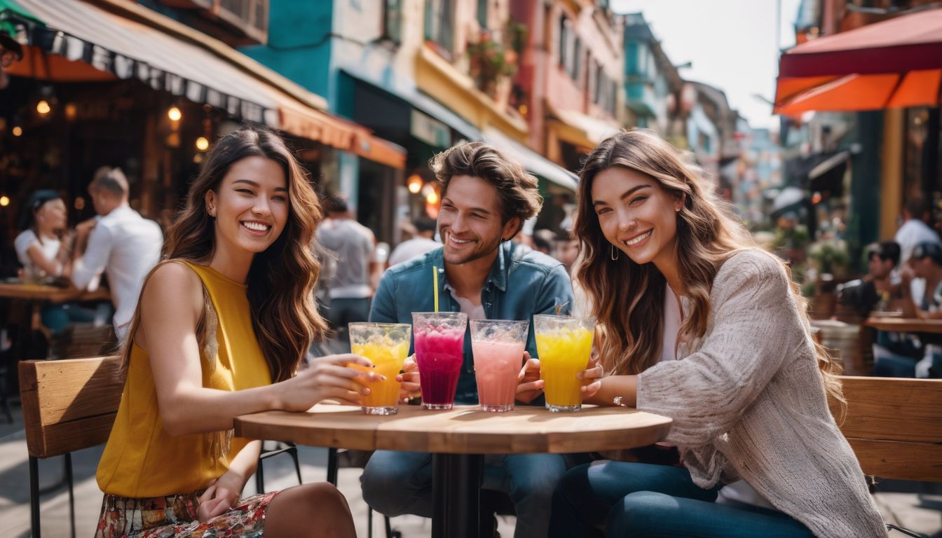 A diverse group of friends enjoying colorful boba drinks outdoors.