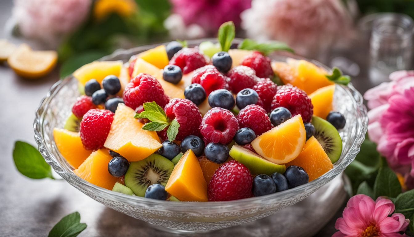 A vibrant fruit salad with crystal boba surrounded by colorful flowers.
