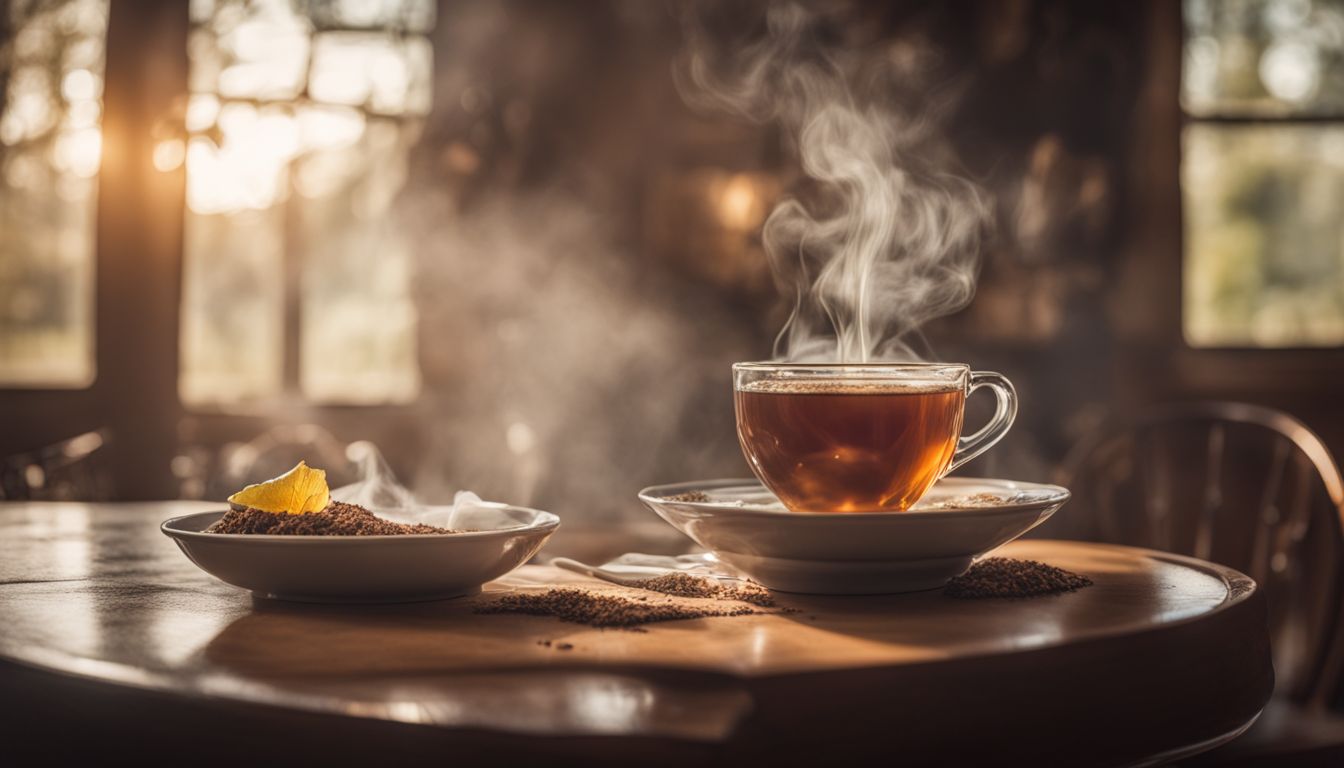 A steaming cup of tea in a cozy tea room setting.