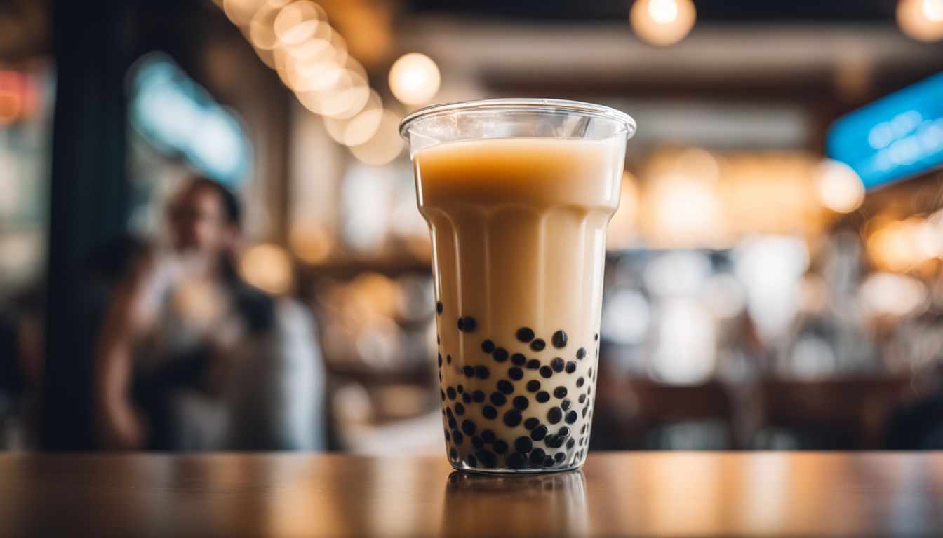 A close-up of a glass of crystal boba tea surrounded by labels.