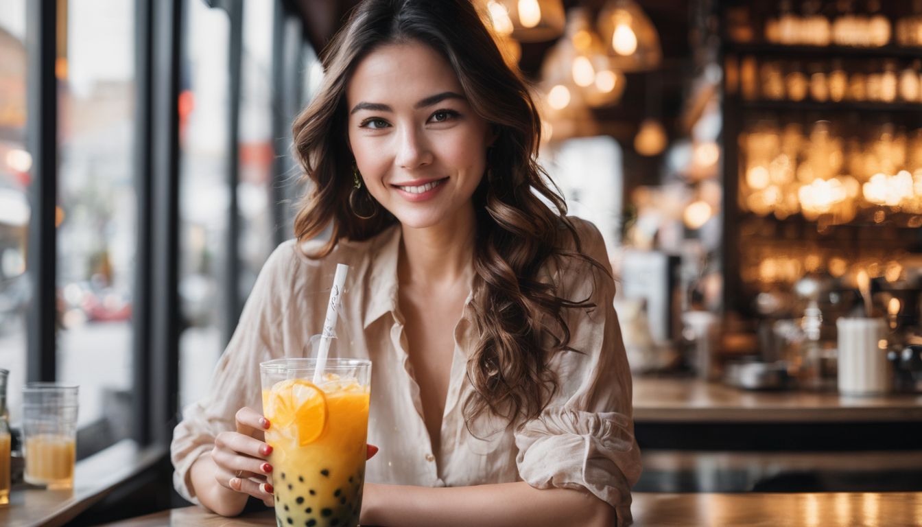 A woman enjoying a refreshing boba drink in a busy cafe.