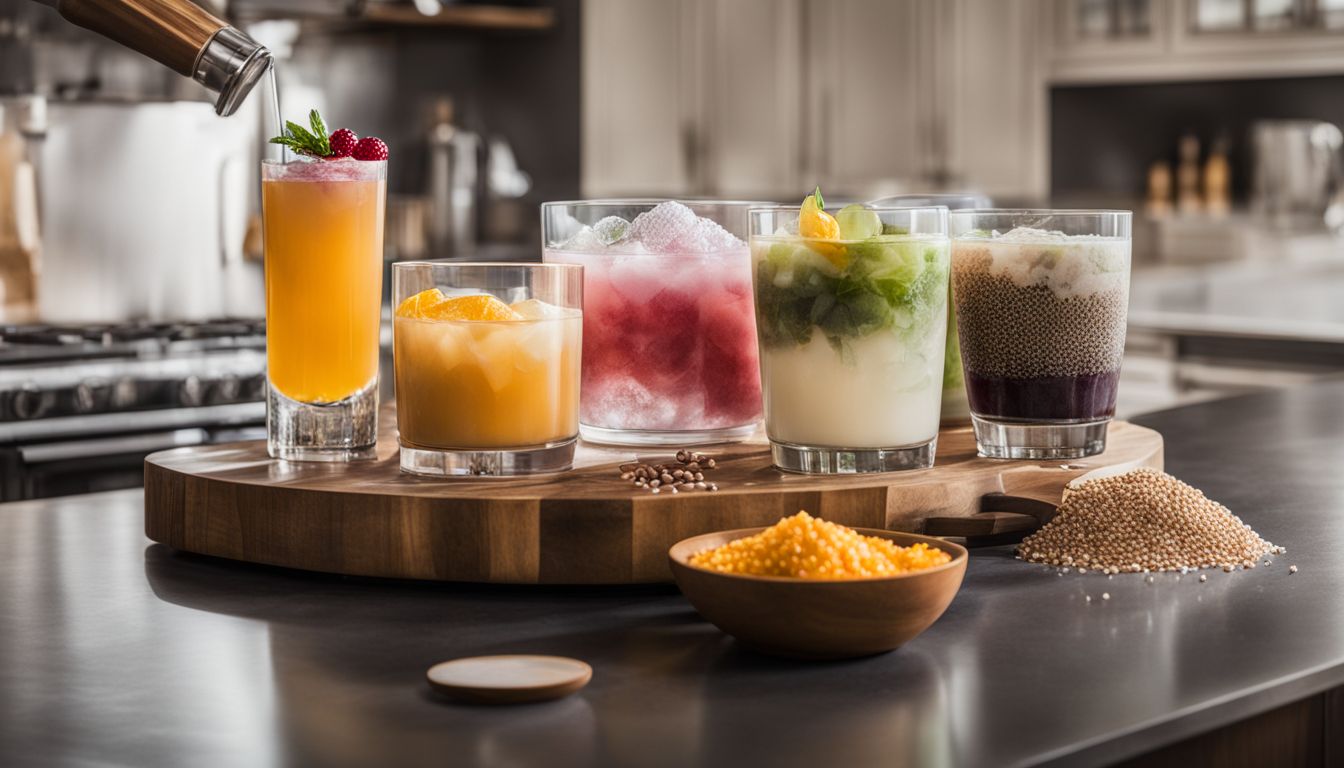 A vibrant display of homemade crystal boba ingredients and drinks.