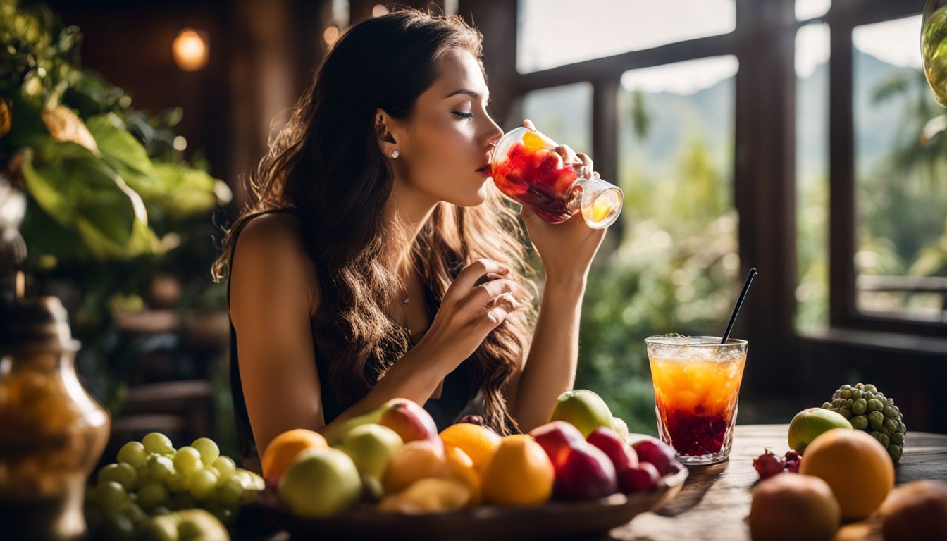 A woman enjoying a refreshing drink in a vibrant, bustling atmosphere.
