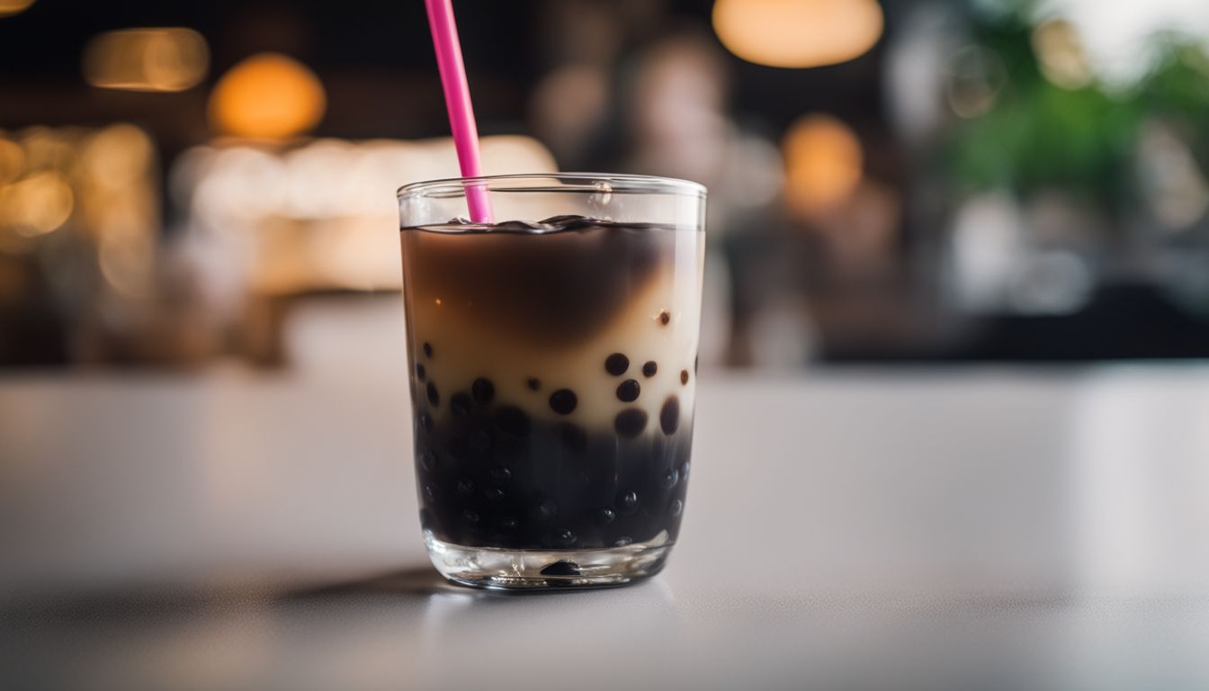 A close-up shot of crystal boba and grass jelly in boba tea.