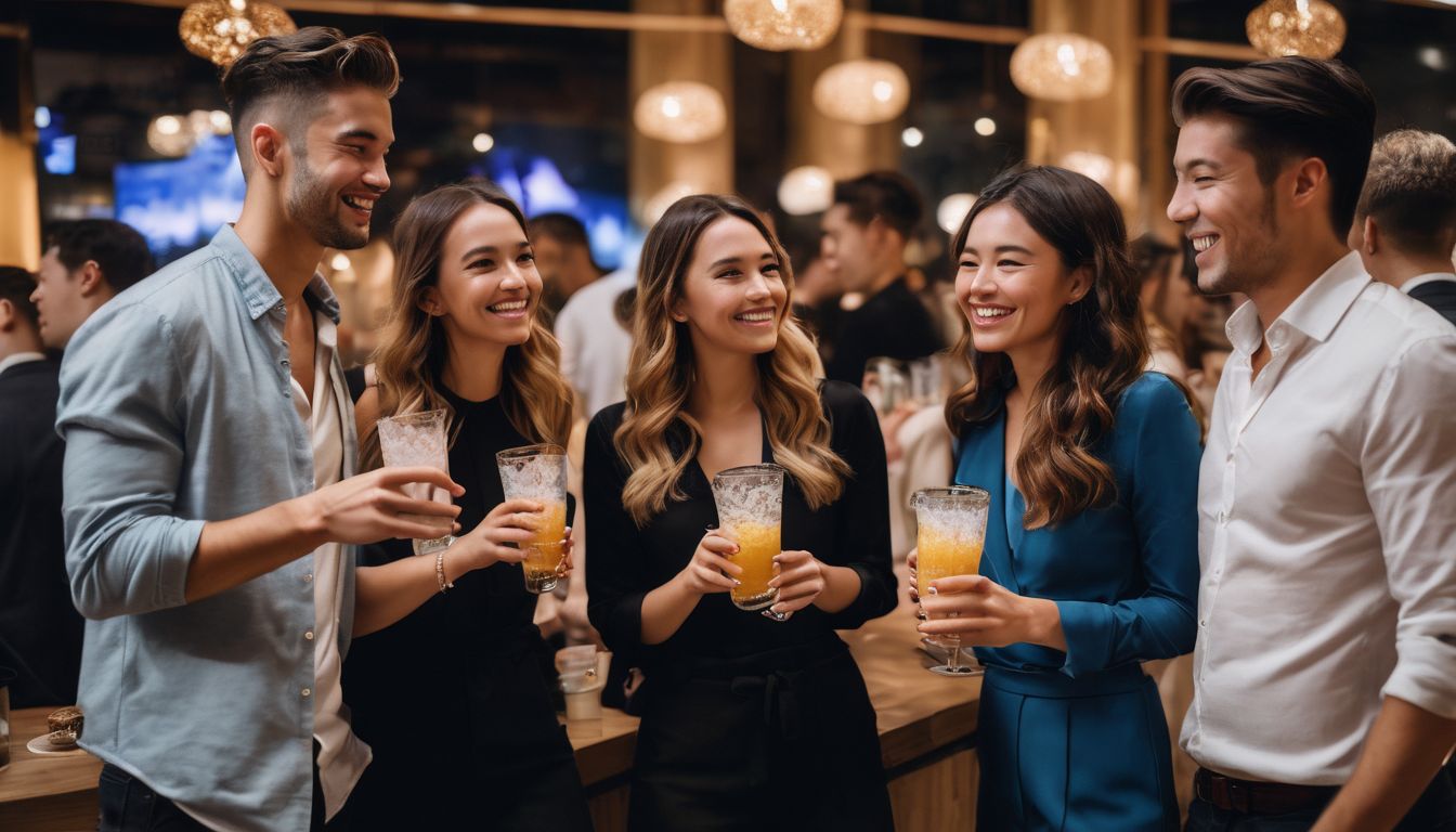 A group of friends enjoying crystal boba at a chic party venue.