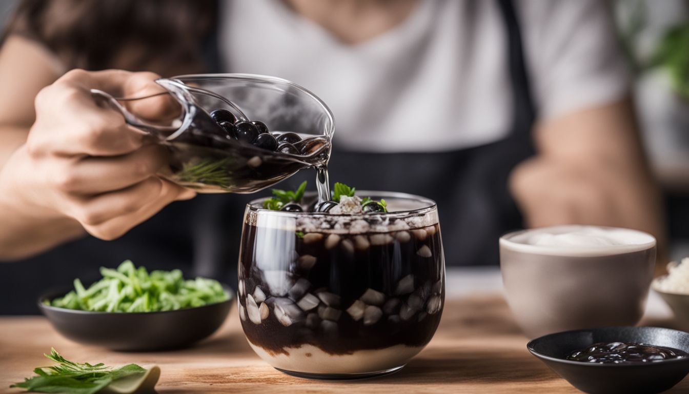 A hand holding a cup of crystal boba and a bowl of grass jelly with kitchen utensils and ingredients around.