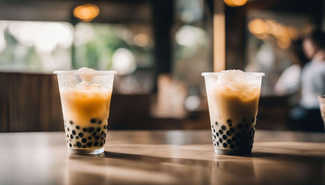 Close-up photo of two cups of bubble tea with different boba.