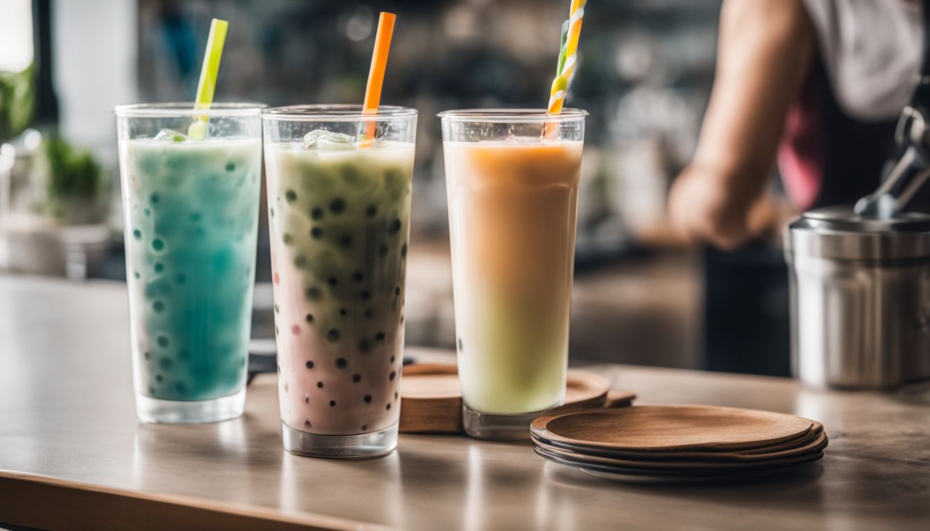 Stylish clear boba tea tumblers with colorful straws on a kitchen counter.