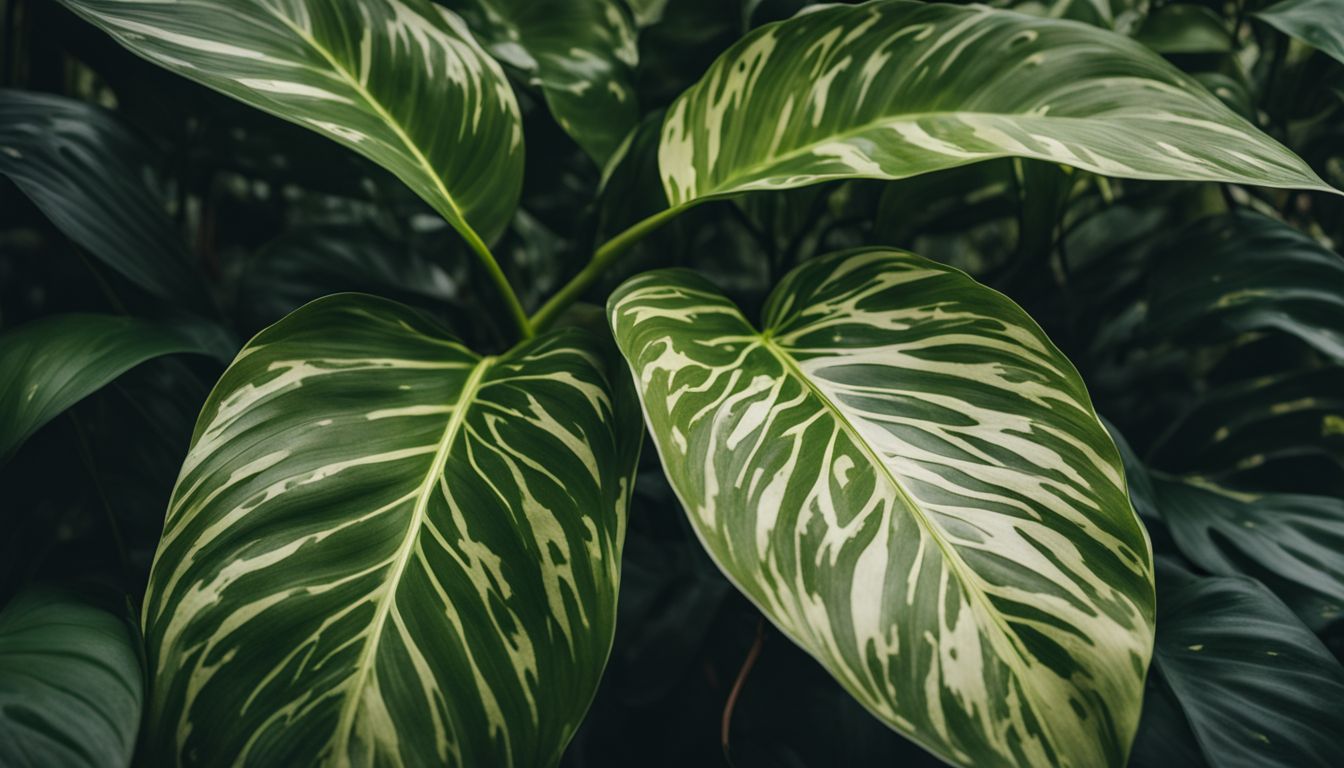 A close-up of philodendron birkin leaves in a lush garden.