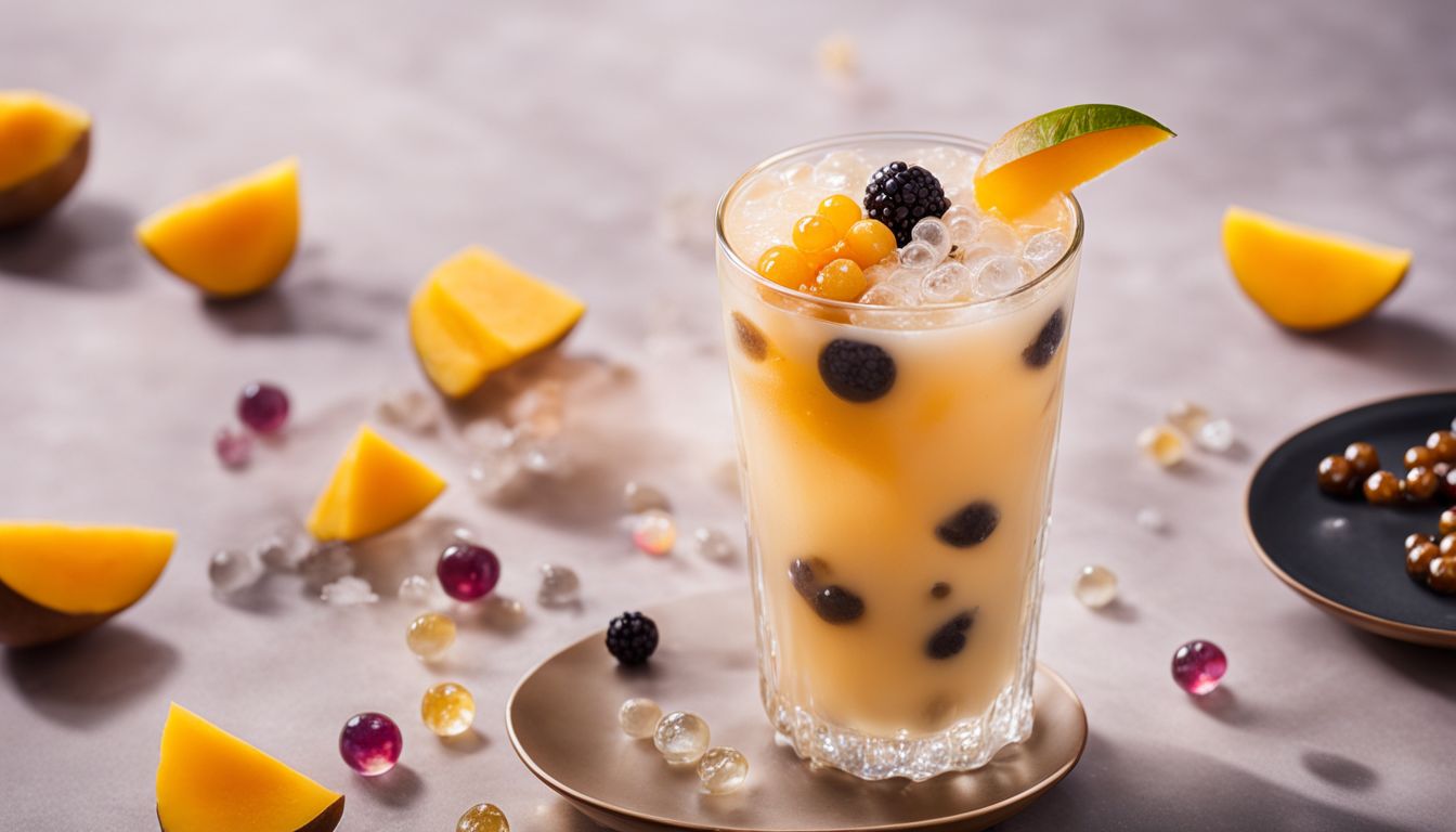 A close-up of a glass of crystal boba surrounded by bubble tea ingredients.