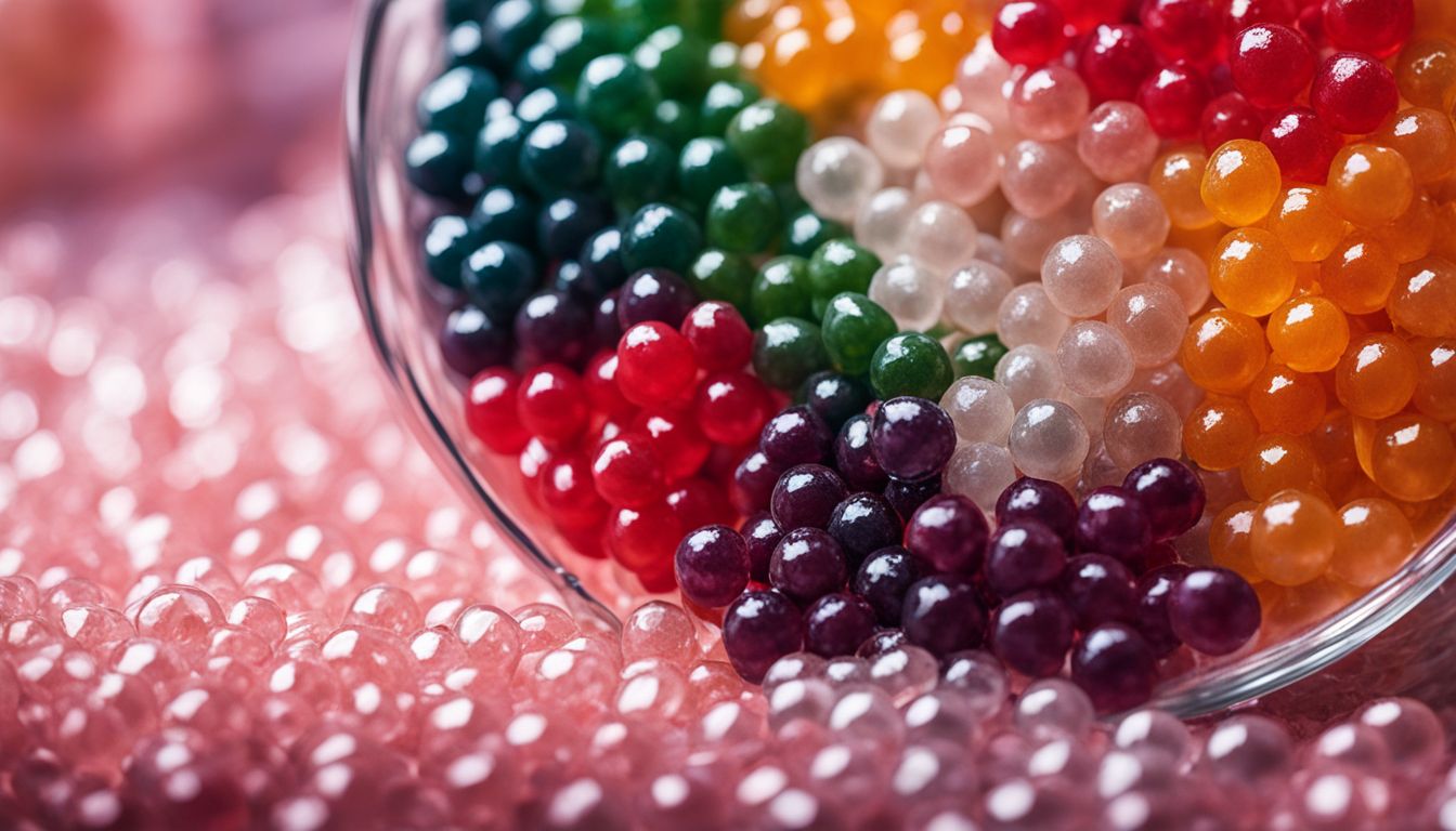 A close-up photo of tapioca pearls and crystal boba in a clear glass surrounded by colorful ingredients.