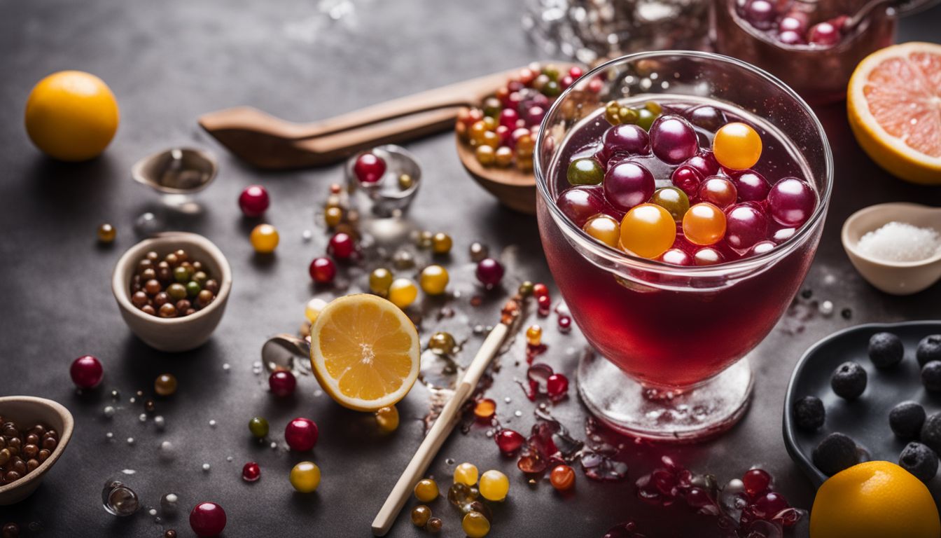 A photo of boba pearls floating in colorful liquid with cooking ingredients.
