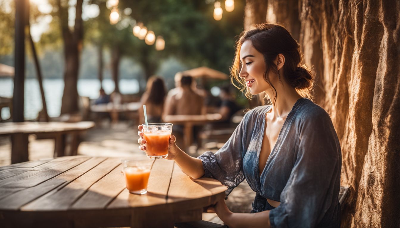 A woman enjoying a boba drink in a sunny outdoor setting.