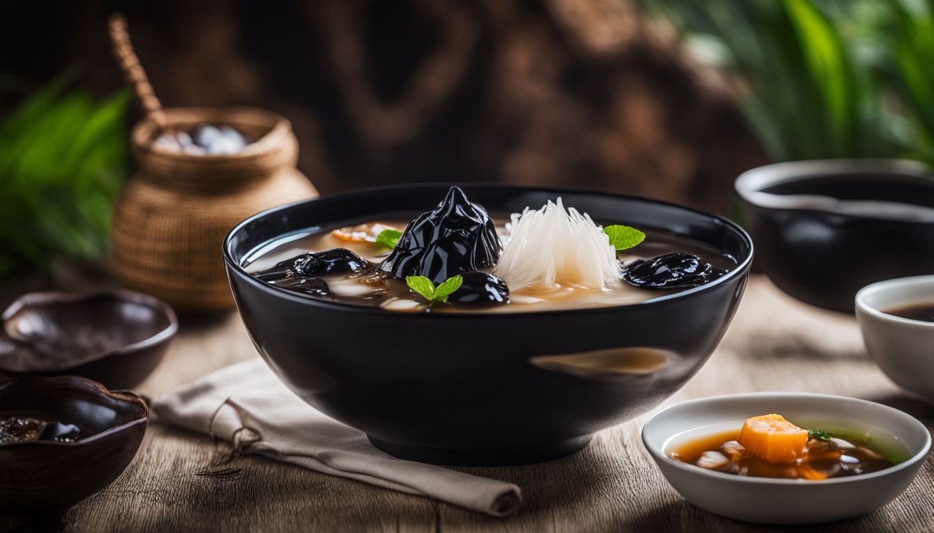 A bowl of grass jelly dessert surrounded by diverse faces and ingredients.