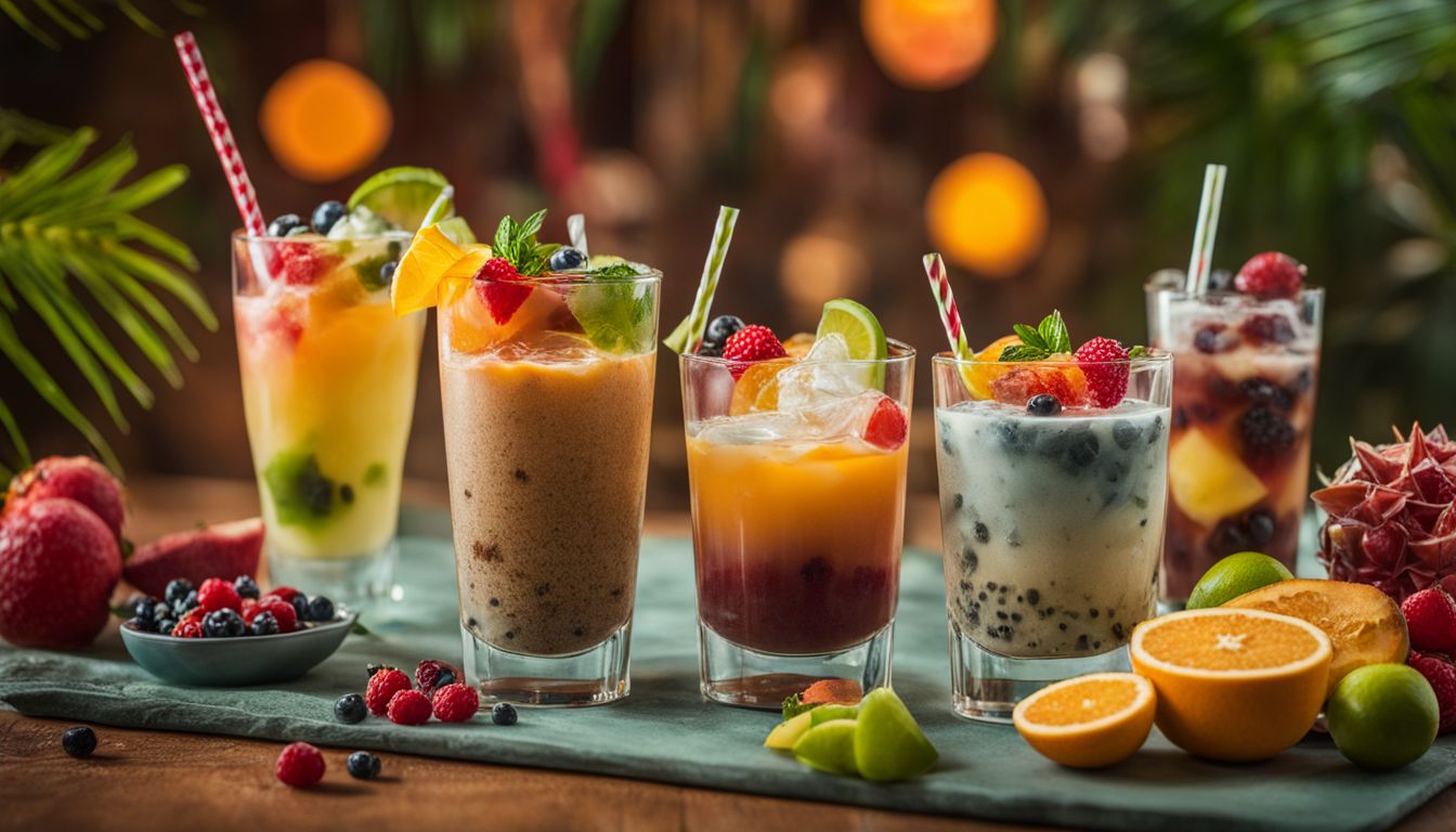 A variety of tantalizing boba drinks and colorful toppings on a vibrant tropical background.