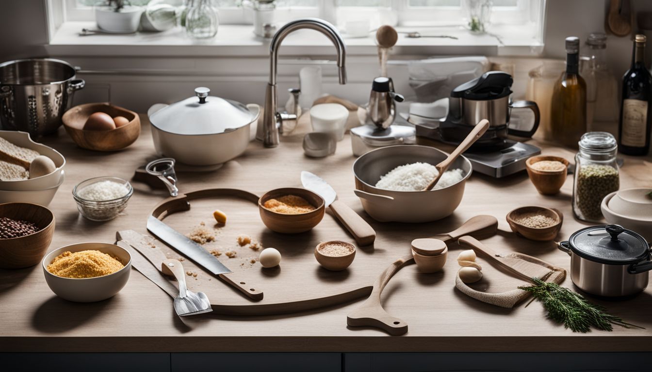 A well-organized array of kitchen tools and ingredients on a countertop.