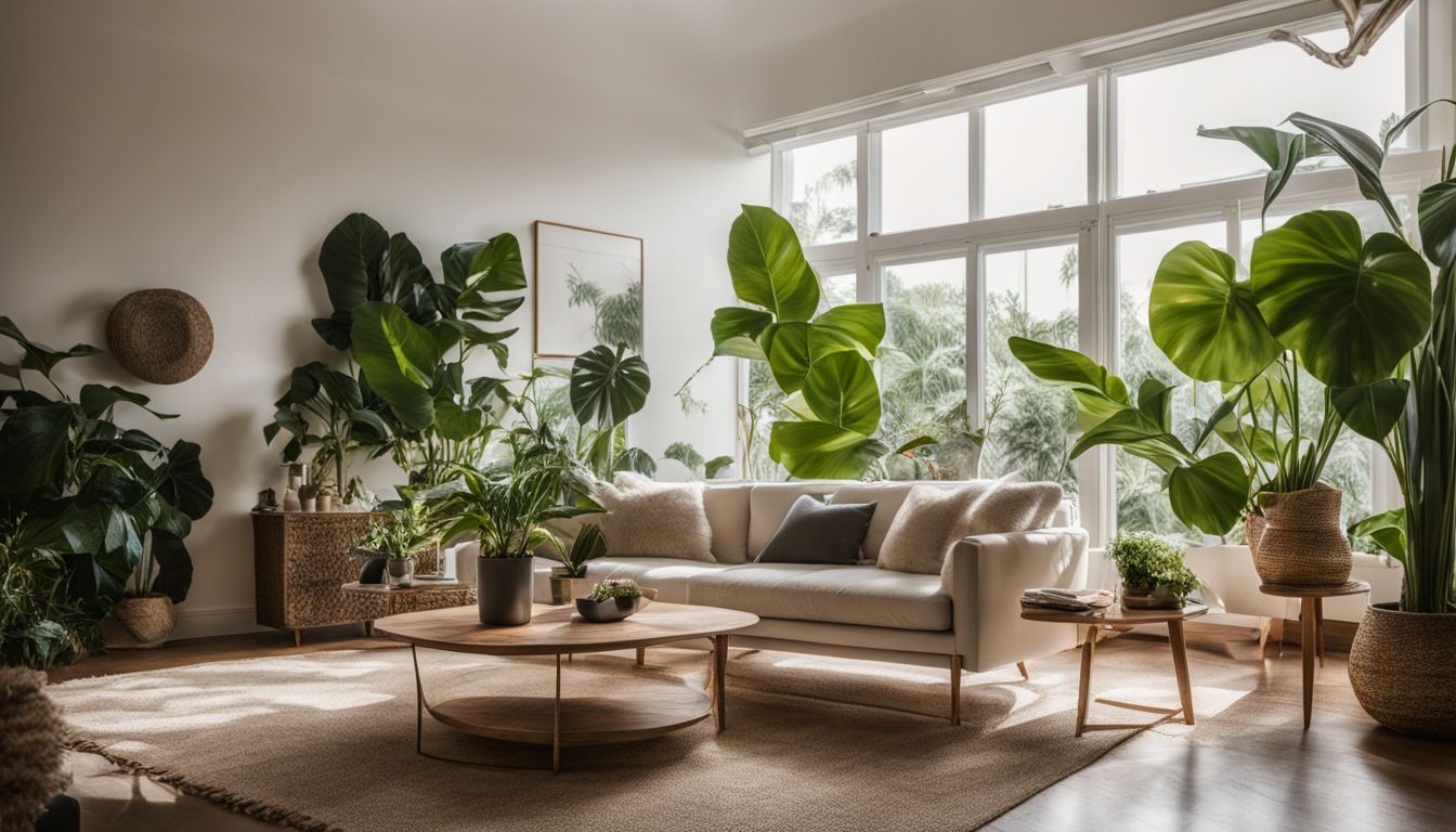 A vibrant philodendron birkin in a cozy living room setting.