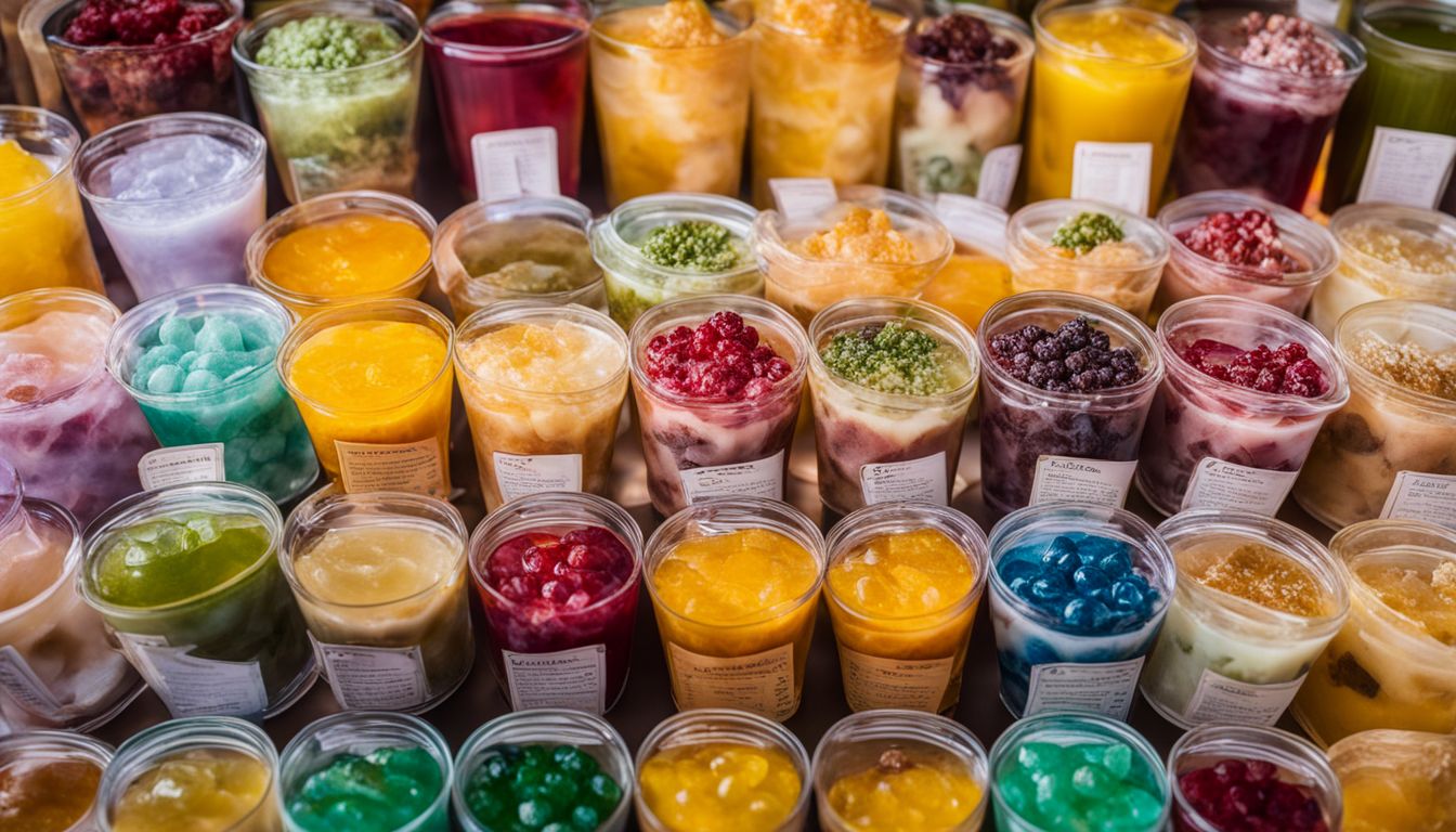 Assorted crystal boba flavors arranged on colorful background.